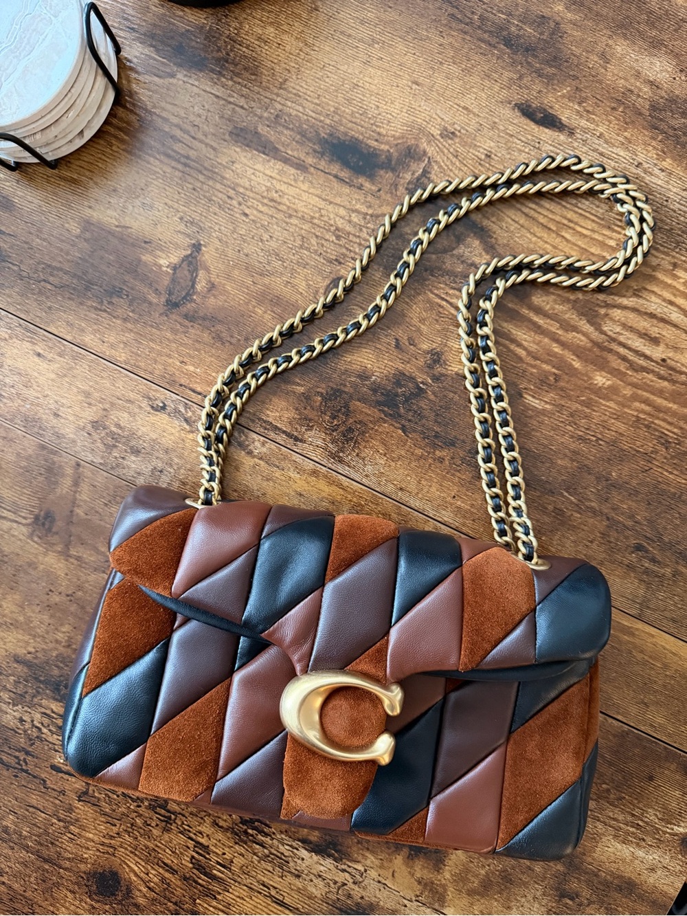Coach Patchwork Quilted Shoulder Bag in Brown, Tan & Black with Gold Chain